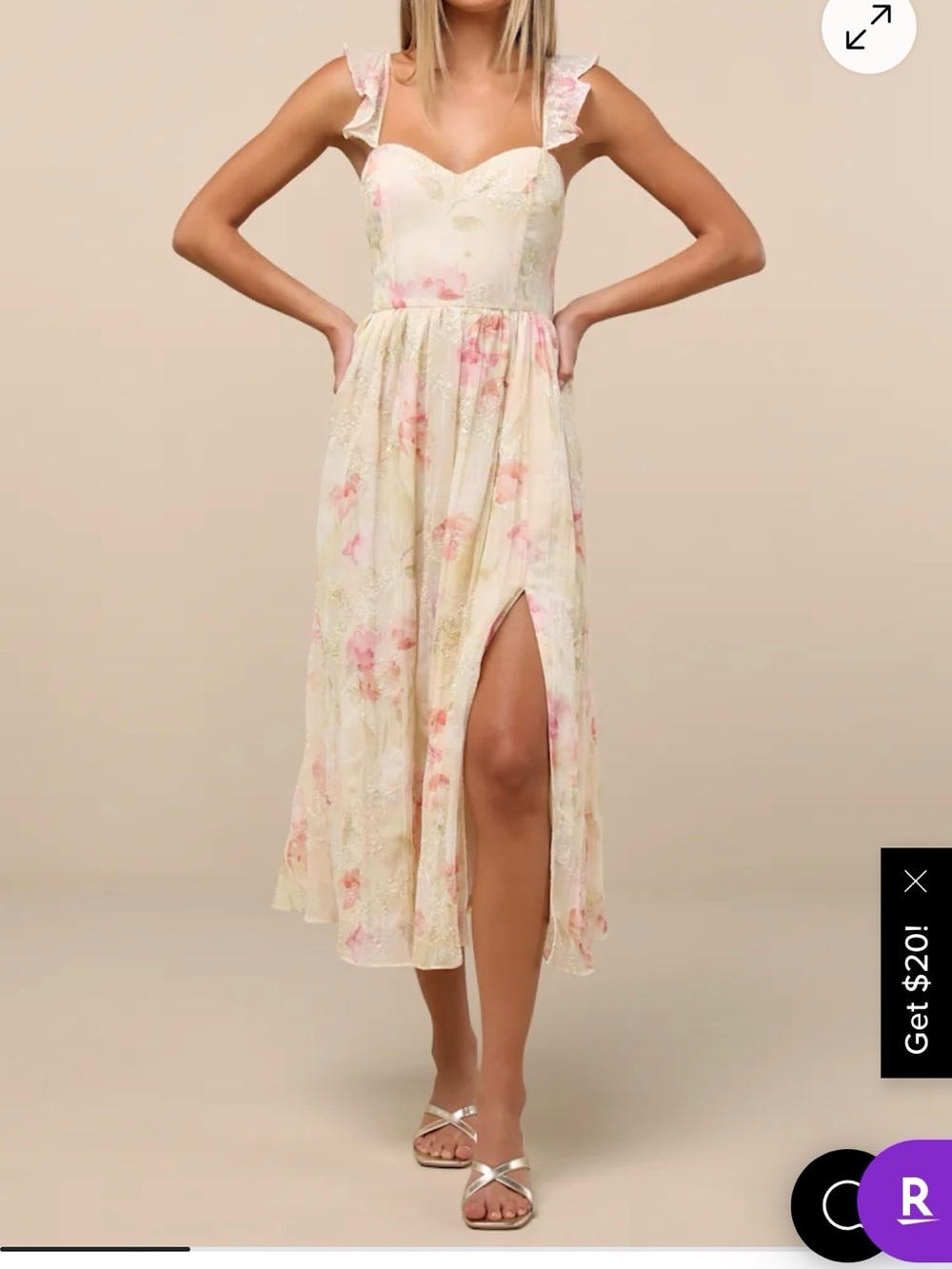 Lulus Miara Cream and Pink Floral Embroidered Ruffled Midi Dress